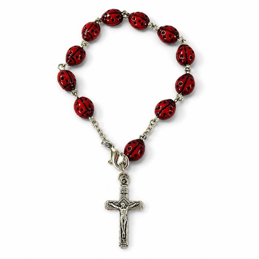 Vintage Ladybug Rosary Bracelet Italy Crucifix Red Enamel Beads Adjustable 7”